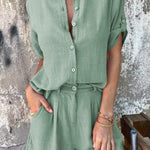 Lapel Button Shirt Top And Pocket Shorts -green