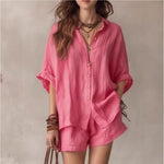 Single-Breasted Short-Sleeved Shirt Wide-Leg Shorts - pink