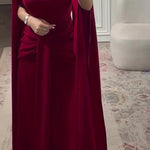 Elegant Burgundy Square - Neck CapeMaxi Dress