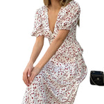 Ditsy Cherry Floral Flutter-Sleeve Ruffle Waist Maxi Dress