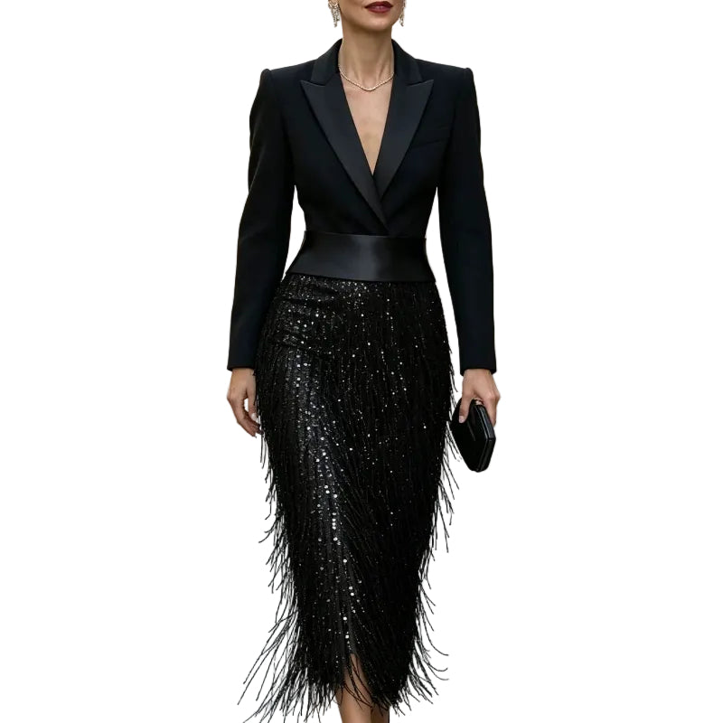 Black Blazer Sequin Fringe Midi Dress