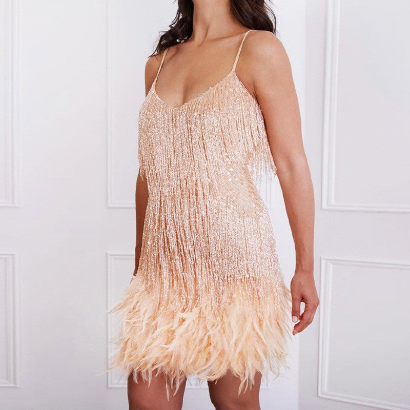 Tassel Sequins Feather Summer Mini Dress - beige
