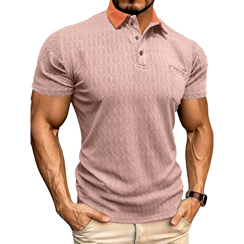 Honeycomb-Texture Contrast Collar Loose-Fit Moisture-Wicking Short-Sleeve Polo Shirt