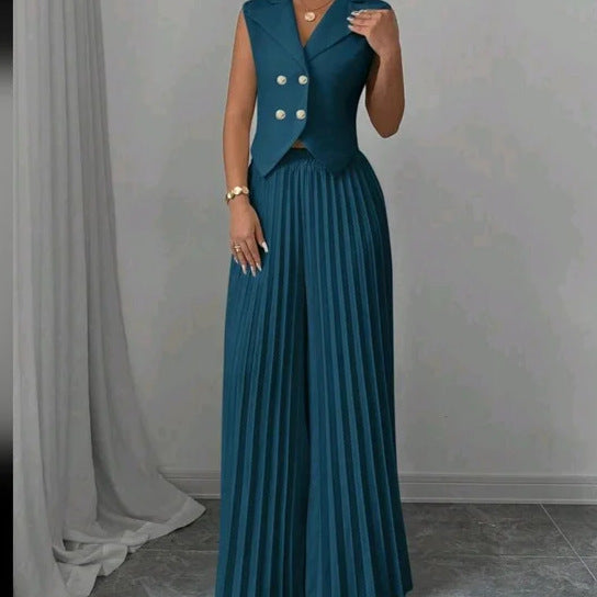 Vest Top And Pleated Straight Pants Set -blue