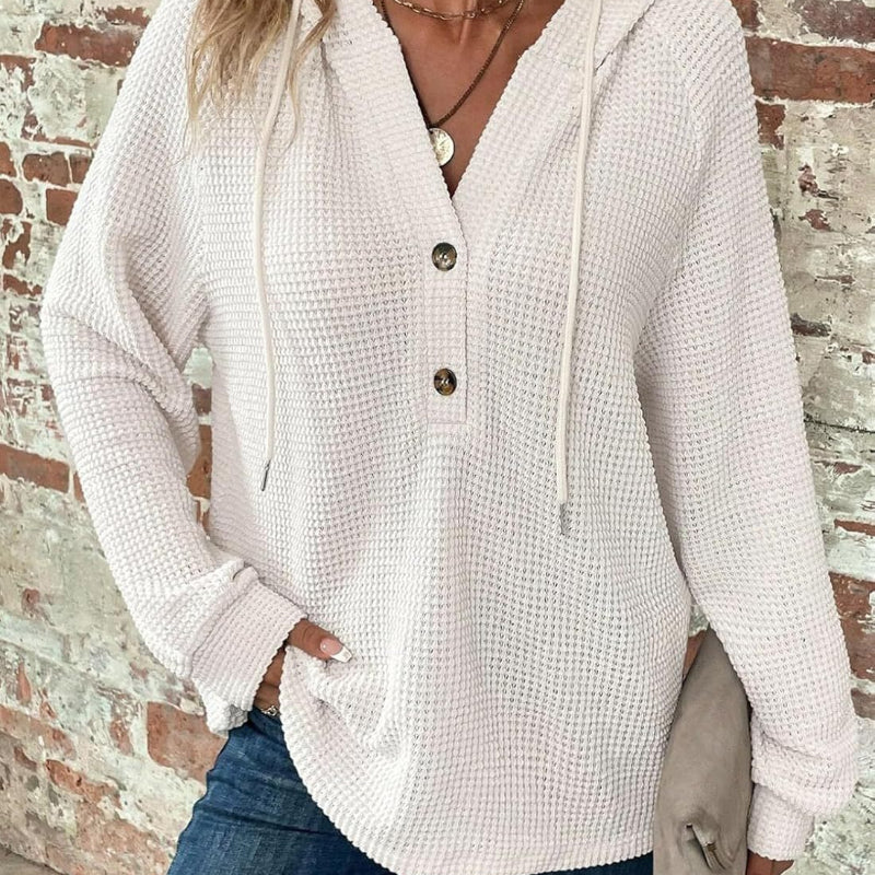 Long-sleeved Drawstring V-neck Hooded Sweater - white