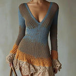 Colour Block V-Neck Ruffle Mini Dress
