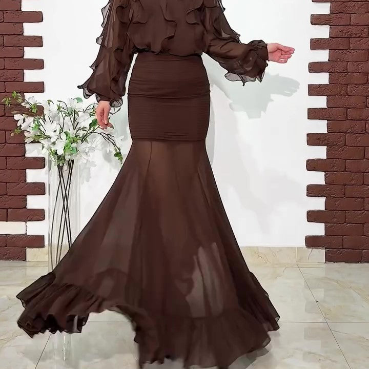 Dark Brown Ruffled Chiffon Blouse & Sheer Mermaid Maxi Skirt 2-Piece Set