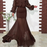 Dark Brown Ruffled Chiffon Blouse & Sheer Mermaid Maxi Skirt 2-Piece Set