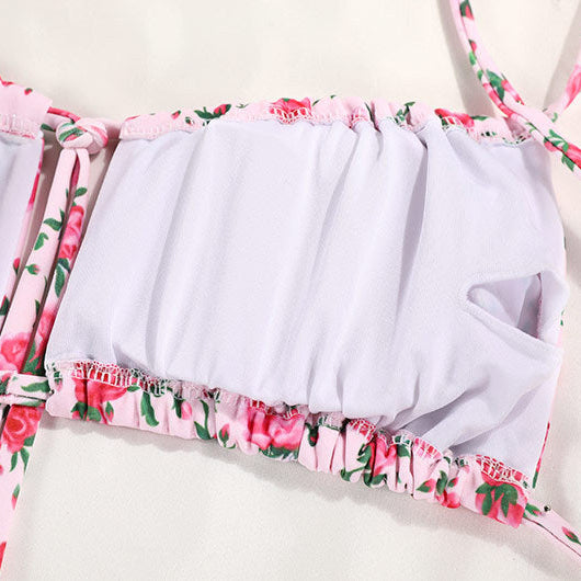 Pink & Blue Ditsy Floral Print Ruched Lace-Up Tassel-Tie Spaghetti-Strap Bikini Set