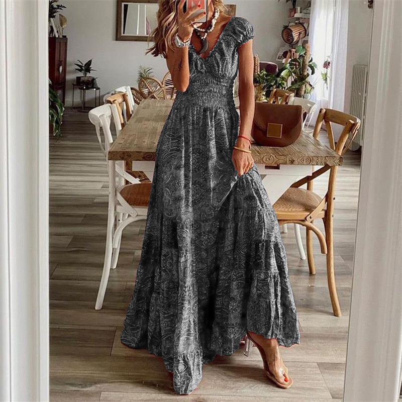 Floral Print A-Line Maxi Dresses - grey