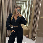 Zip-Up Cropped Hoodie & Wide-Leg Drawstring Jogger Pants Loungewear Two-Piece Co-ord Set