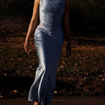 Elegant Sleeveless Tassel-trimmed Zippered Satin Fishtail Maxi Dress Set - light blue