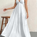 Backless Halterneck V-Neck Pleated A- Line Midi Dress - white