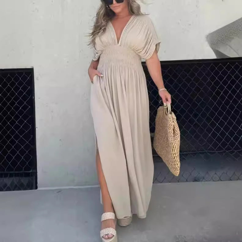 Short Sleeve Elastic Waist Maxi Dresses - khaki