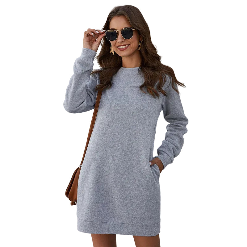 Long Sleeve Crew Neck Sweater Dress - grey