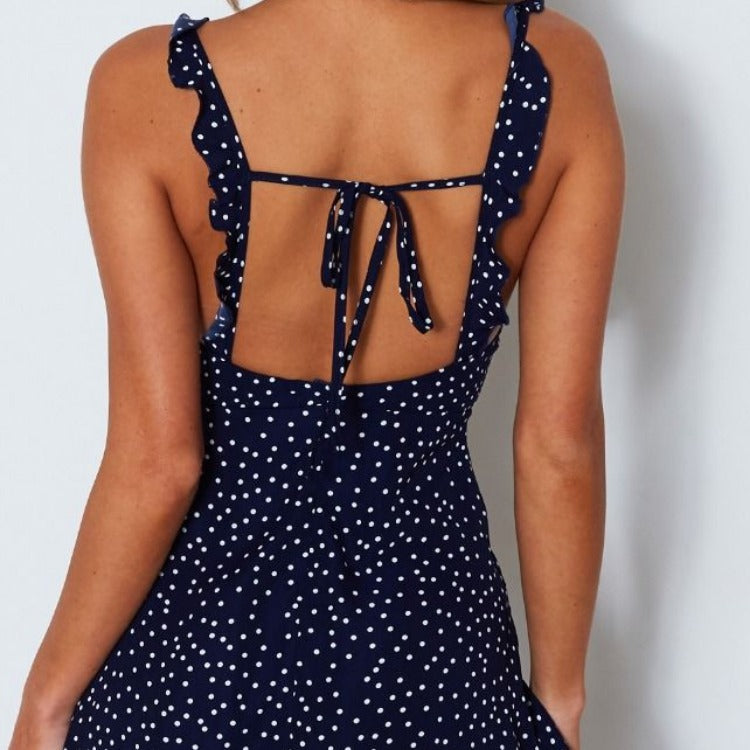 Polka Dot Bow-Strap Ruched-Waist Mini Dress - black