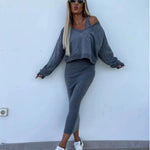 V-neck Pullover Sweatshirt And Sleeveless Dress Set - grey