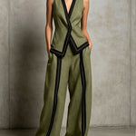 Contrast Trim Vest & Wide Leg Pants Set - army green