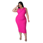 Woman wearing a bright pink dress on a white background