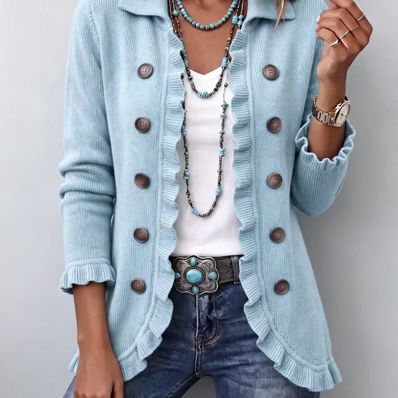 Double-Button Ruffle-Trim Knit Cardigan - light blue