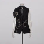 Sleeveless Blazer Vest & Wide Leg Trousers 2 Piece Floral Embroidery Suit Co-ord - black