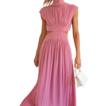 High Neck Side Cut-Out Pleated Midi Dress - pink