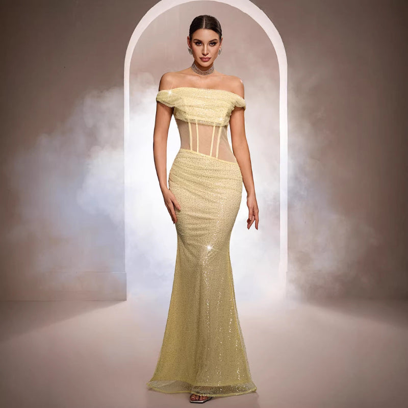 Sleeveless Off-the-shoulder Sequined Mermaid Evening Maxi Dress
