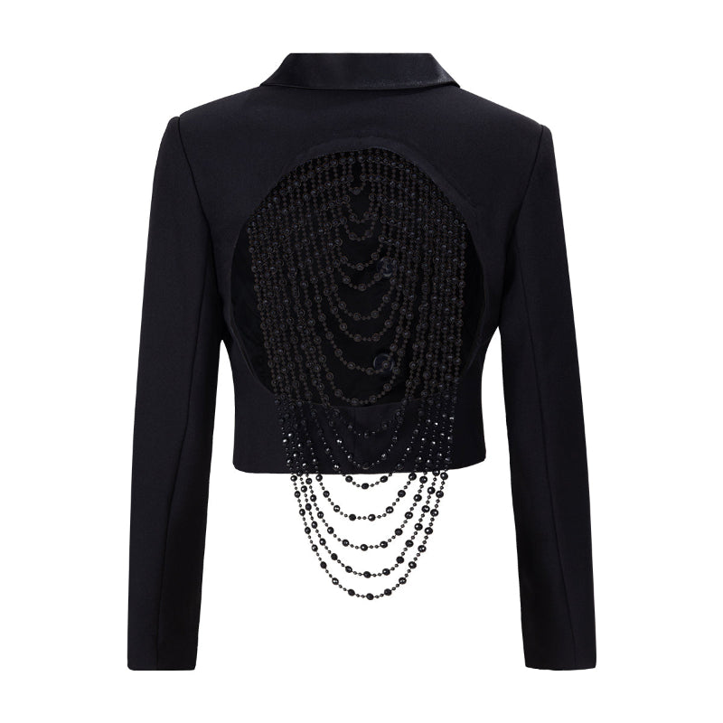 Black Backless Beaded Cropped Blazer & High Waist Pants Set