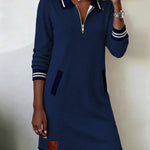 Lapel Zipper Pockets Long Sleeve Dresses - dark blue