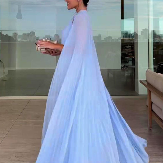 Light Blue Pleated Maxi Dress & Cape Two-piece Set