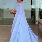 Light Blue Pleated Maxi Dress & Cape Two-piece Set