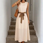 Pearl Neck Sleeveless Self-Tie Belt A-Line Midi Dress