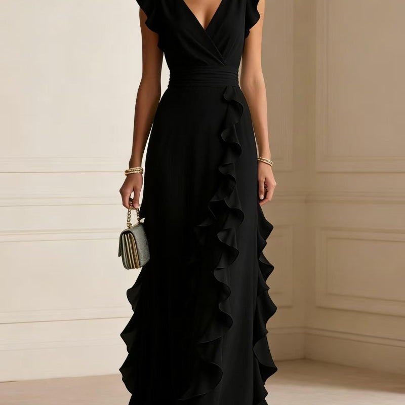 V-Neck Ruffle Maxi Dress - black