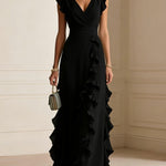 V-Neck Ruffle Maxi Dress - black