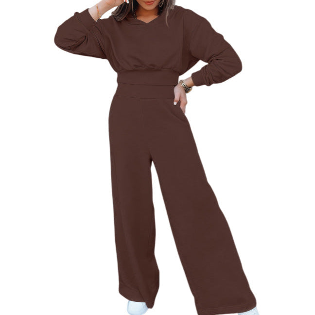 Oversized Cropped Hoodie & Wide-Leg Palazzo Sweatpant Co-Ord Set - brown