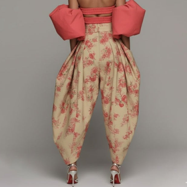Elegant High-waisted Floral Pleated Pants
