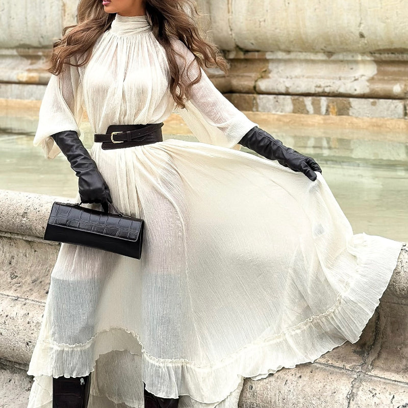 White Long-sleeved Ruffled Tie Maxi Dress