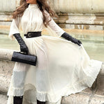 White Long-sleeved Ruffled Tie Maxi Dress
