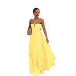 Pleated Sleeveless Sling Maxi Dress - yellow