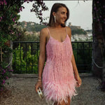 Tassel Sequins Feather Summer Mini Dress - pink