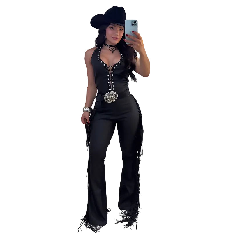 Lace-Up Halter Fringe Wide-Leg Jumpsuit