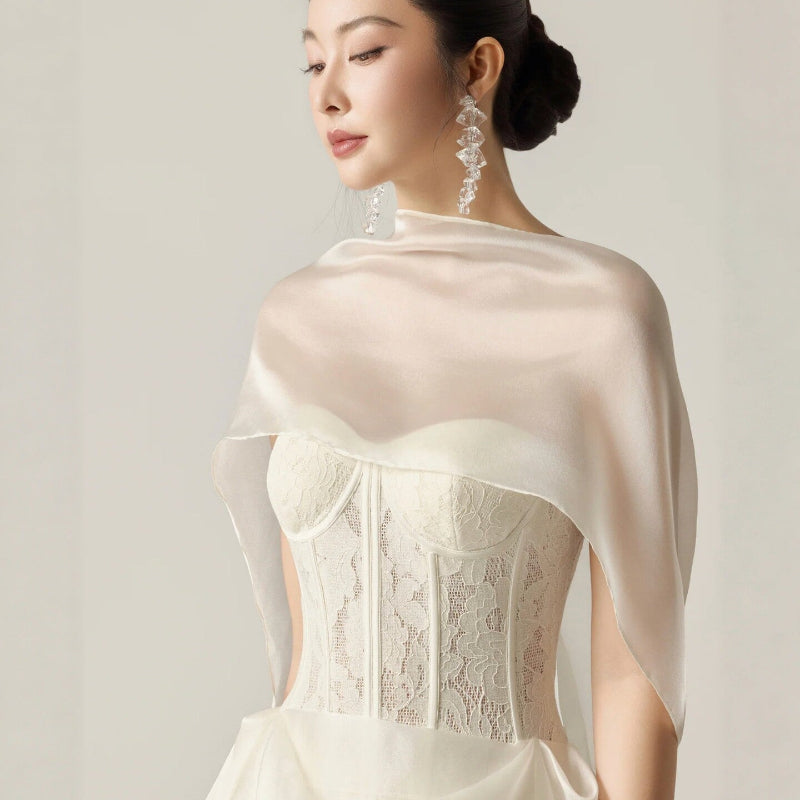 Cream Floral Lace Strapless Sweetheart Corset-Boned Detachable Asymmetric Ruffle-Overlay Midi Dress