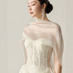 Cream Floral Lace Strapless Sweetheart Corset-Boned Detachable Asymmetric Ruffle-Overlay Midi Dress