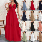 Backless Halterneck V-Neck Pleated A- Line Midi Dress