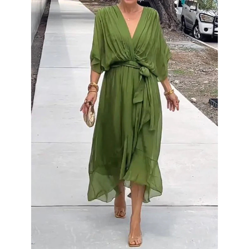 Batwing Sleeve V-neck Midi Dress - green
