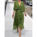 Batwing Sleeve V-neck Midi Dress - green