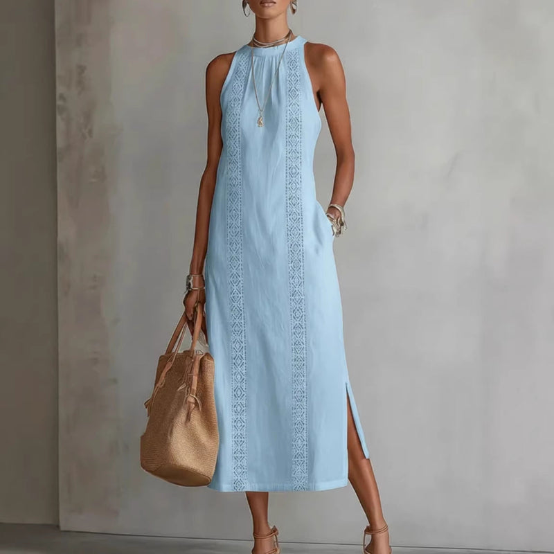Halter Neck Sleeveless Midi Dress - ;ight blue