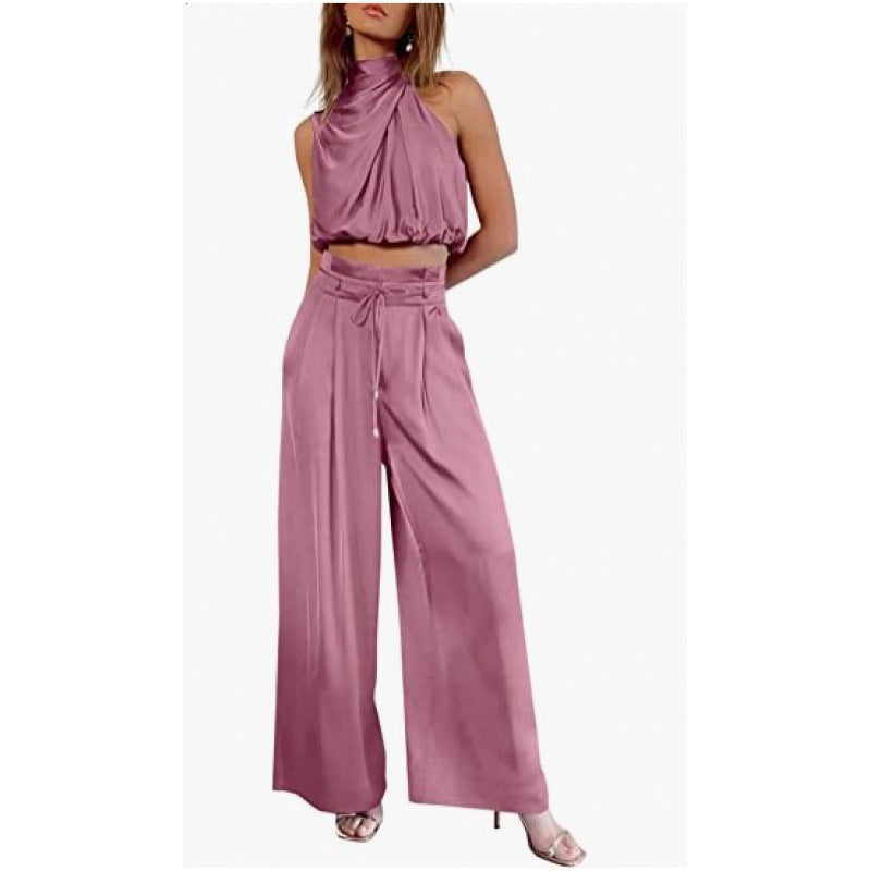 Casual Sleeveless Midriff-baring Top And Wide Leg Pants 2pcs Set - pink