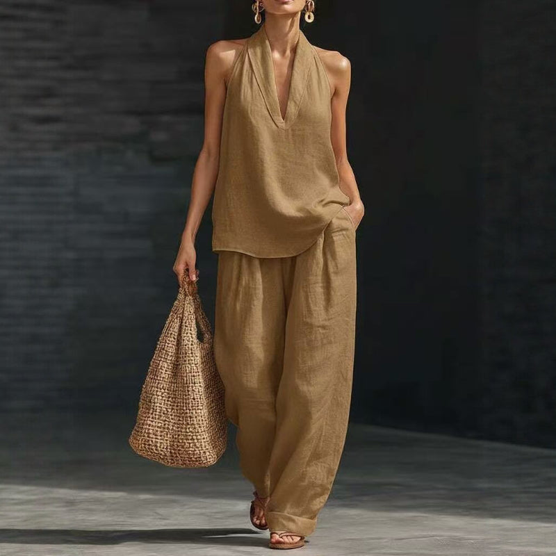 Sleeveless V-neck Halter Top And Wide-leg Pants - brown