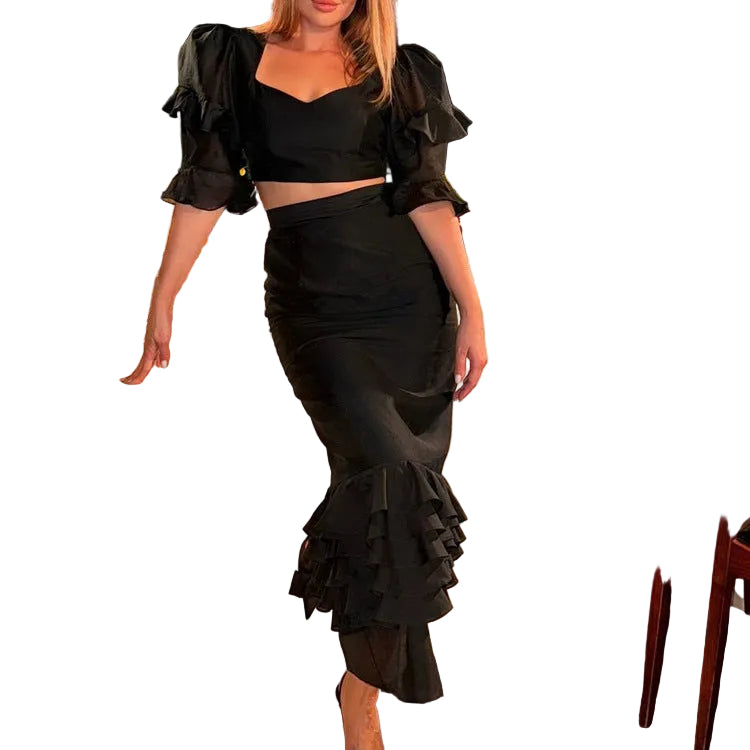 Sweetheart Puff-Sleeve Crop Top & Tiered Ruffle Hem Midi Skirt Set